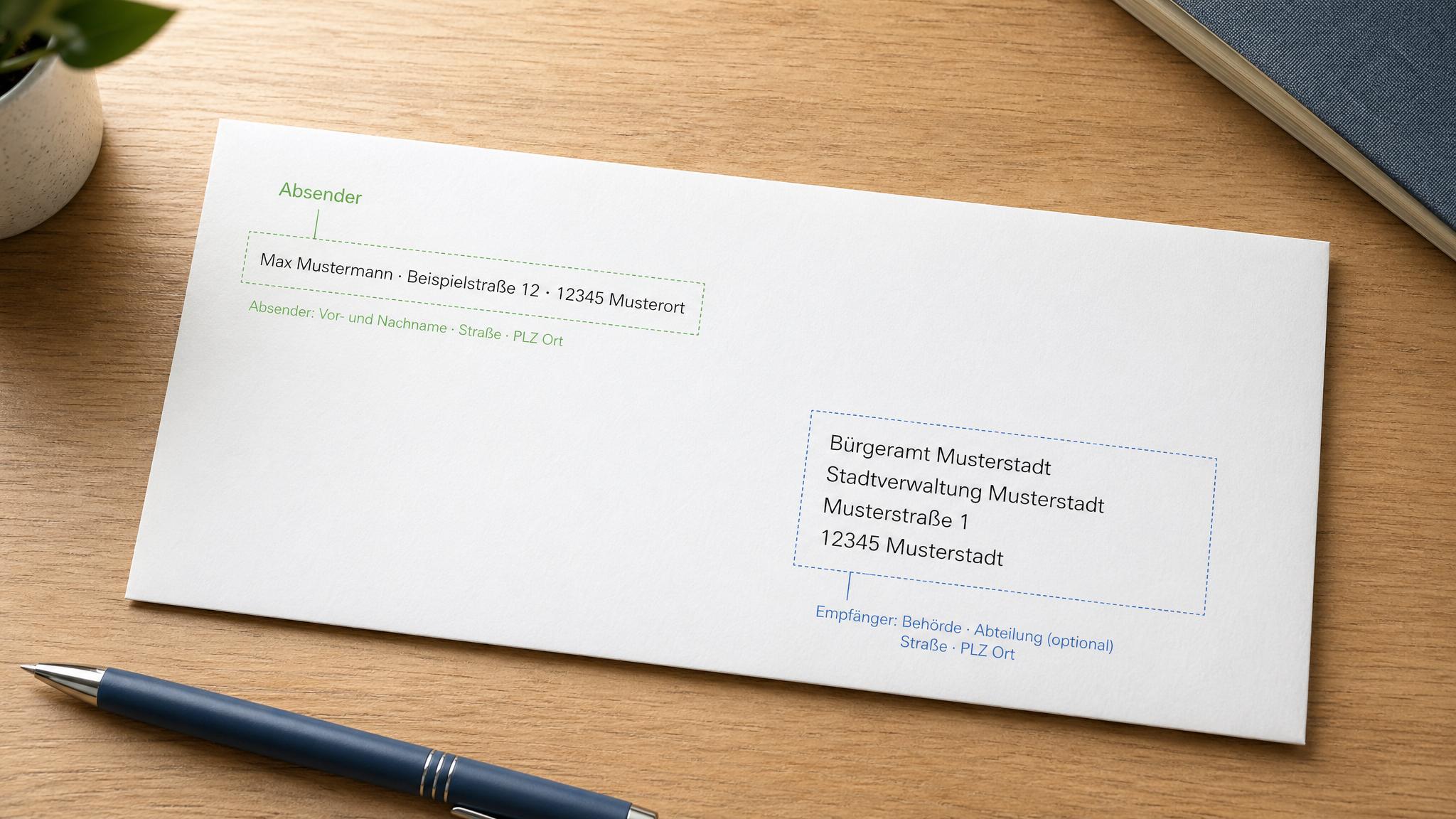 Brief an eine Behörde beschriften mit Musteradresse und Absender oben links