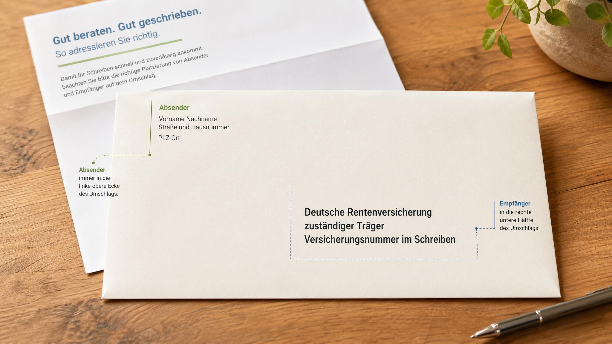 Brief an die Deutsche Rentenversicherung richtig beschriften mit Absender und Empfängerblock
