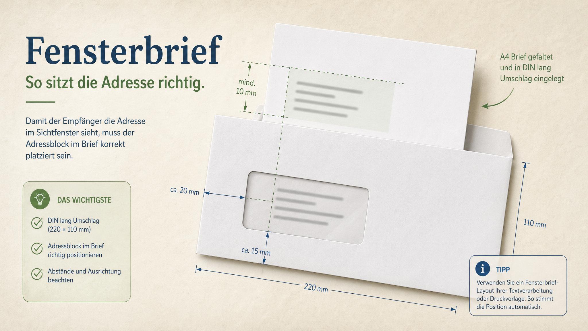 Fensterbrief mit markiertem Adressfenster und Positionierhilfe